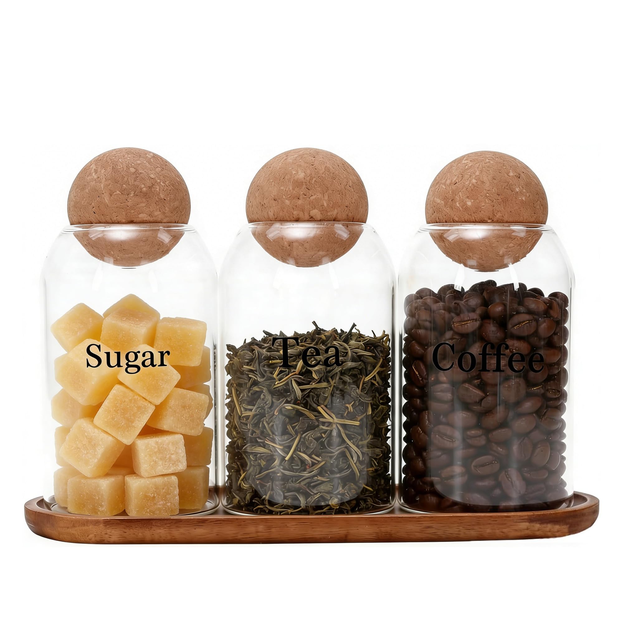 Set di 3 barattoli da caffè da 500 ml, contiene contenitori per caffè, tè e zuccheriera, contenitore in vetro per chicchi di caffè con coperchio in sughero e vassoio in legno, per caffè, tè