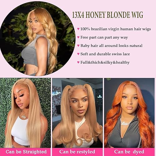 Miniatura 2 de Pelucas de cabello humano rubio miel con encaje frontal, prearrancadas con abuelitos, 13 x 4, rubio ondulado, pelucas de cabello humano con encaje