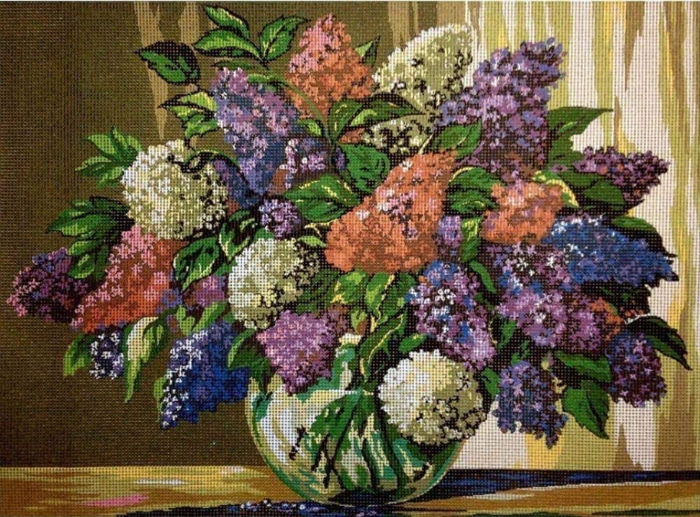 Kit broderie point de croix fleurs avec vase 40x30cm pour adulte