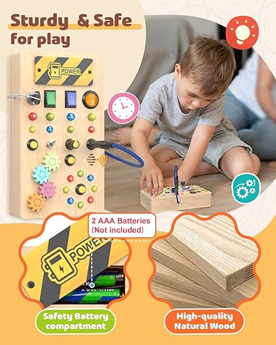 Miniatura 5 de Pussan Tablero de actividades para niños pequeños, juguetes Montessori de madera para niños de 1 año en adelante, juguetes sensoriales con luz LED e