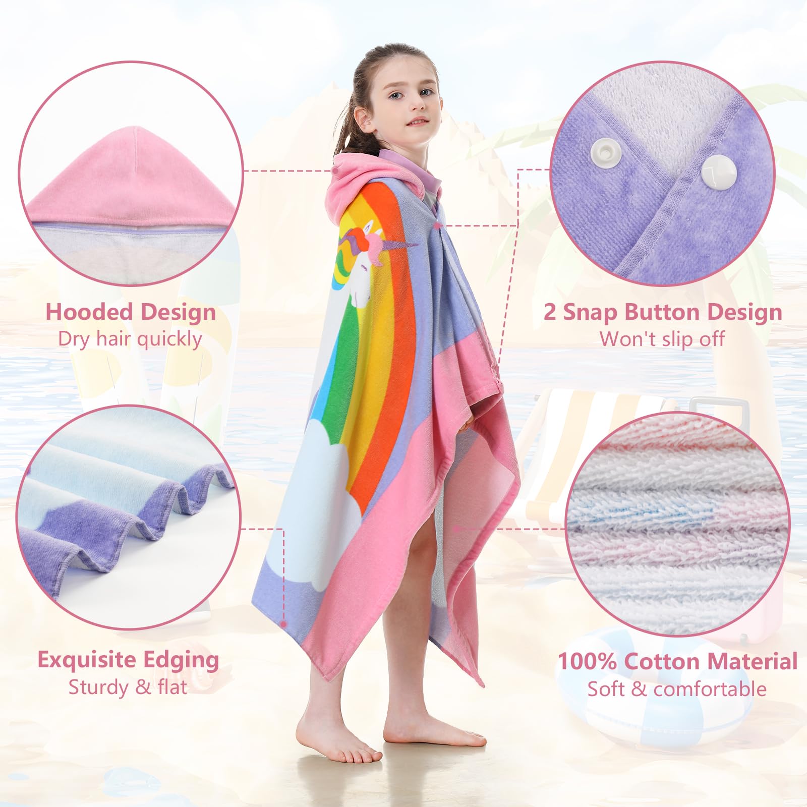 MOKANI Badeponcho Kinder Baumwolle | Super Weich & Saugfähig Handtuch Poncho | 50" x 30" Badetuch Strandponcho Kapuzenhandtuch für Mädchen Jungen Alter 3-12, Rosa