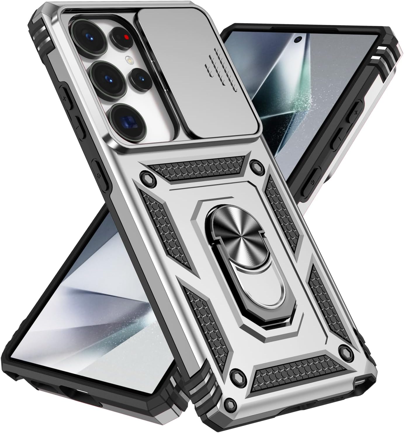 Case for Samsung Galaxy S25 Ultra Back Cover TPU Bumper Case 360 Degrees Metal Ring Stand Heavy Duty Military Grade Protection Hybrid Shockproof Compatible with Galaxy S25 Ultra. Silver TC