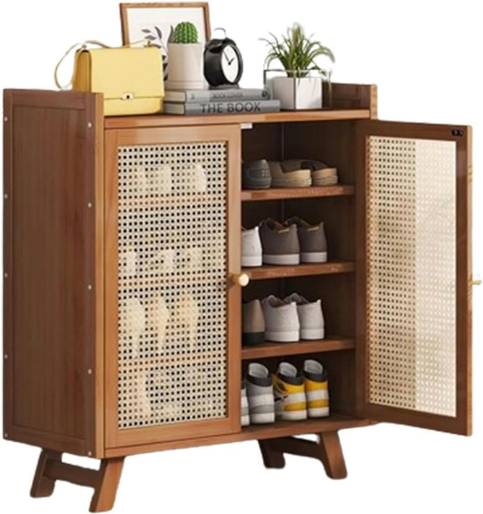 Meuble à chaussures en rotin et bois marron chic avec étagère stable 100 kg