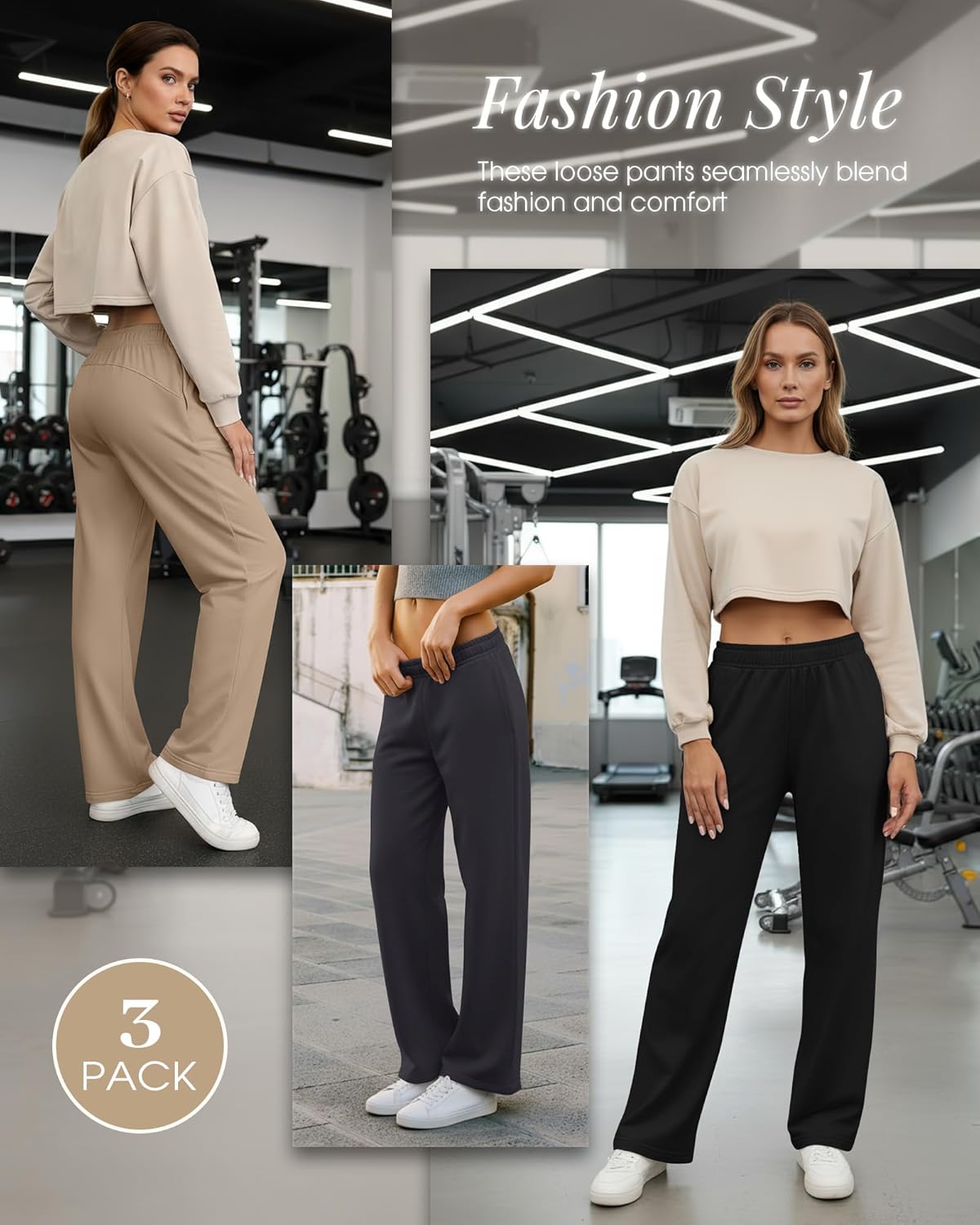 3 Pack Women's Wide Leg Sweatpants Interior Drawstring Baggy Sweatpant High Waisted Casual Jogger Pant with Pocket - Image 4