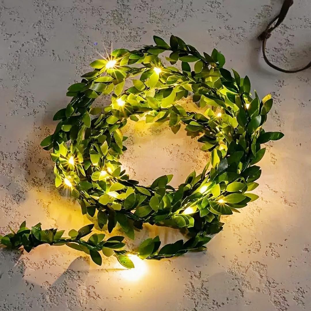 Hhmtaka Green 5M 50 Led Vines With Fairy Lights Battery Operated Ivy Fairy Lights Warm White Garland Light For Home Kitchen Garden Office Wedding Wall Decor (Green)