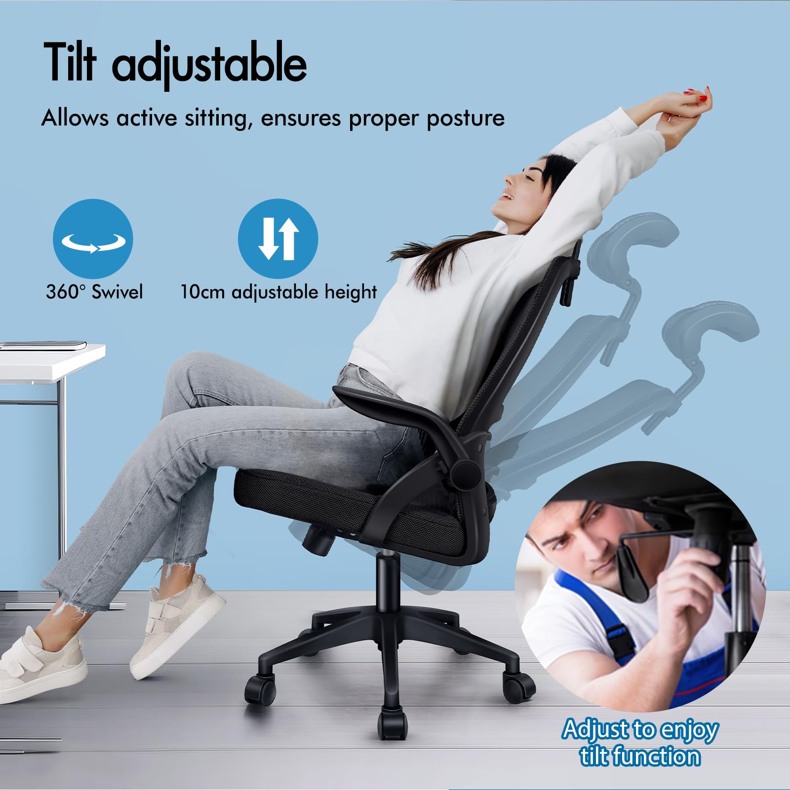 ALFORDSON Ergonomiczne krzesło biurowe, krzesło komputerowe z dynamicznym podparciem lędźwiowym, odchylane krzesło obrotowe ze składanym podłokietnikiem, czarne