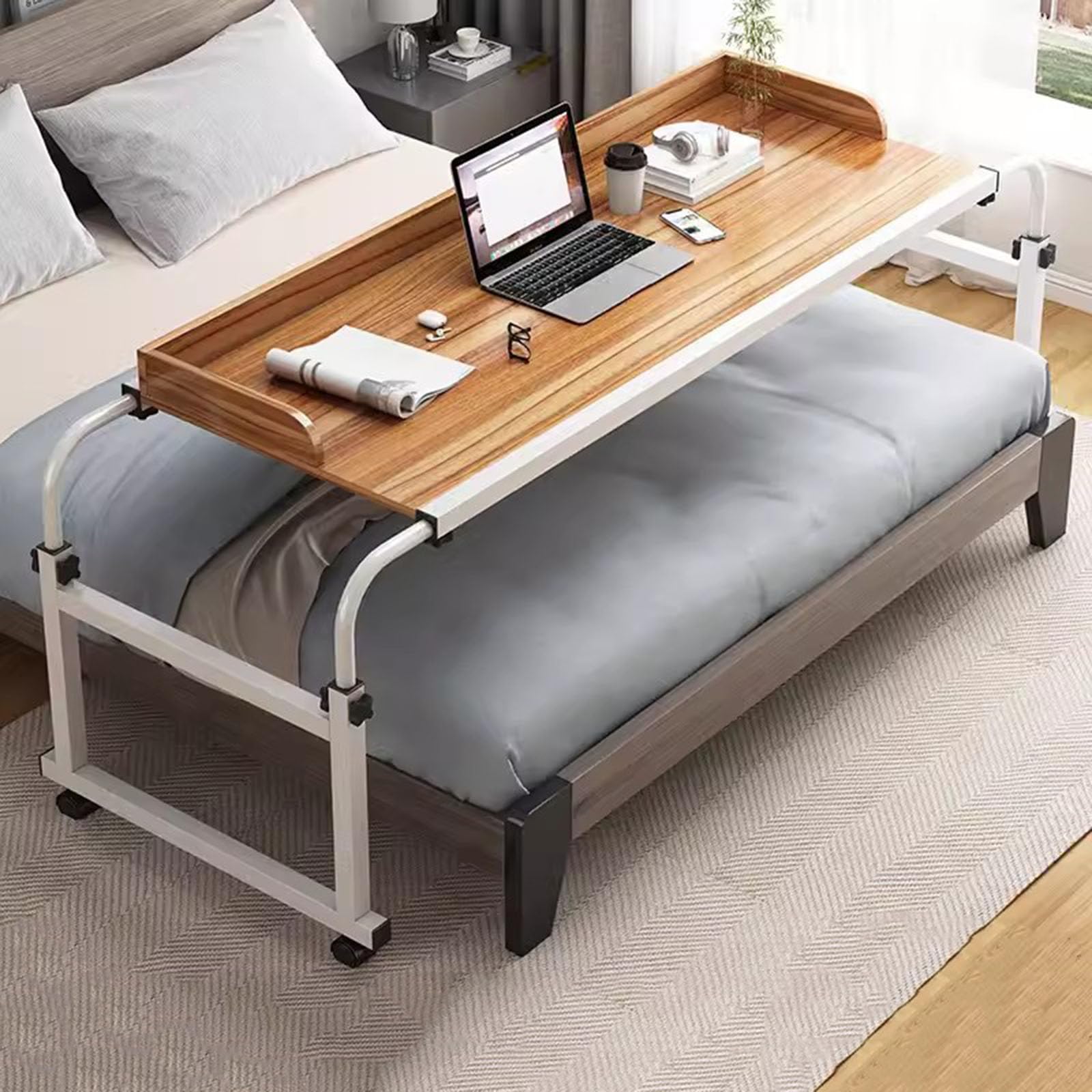 Table De Lit CroiséE avec roulettes，Hauteur Et Largeur RéGlables Au-Dessus du Lit De Nourriture Table MéDicale Roulante pour Over Bed Table with Desktop Baffle(Color:Bois)