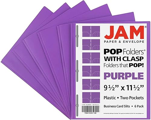 Miniatura 6 de JAM PAPER - Carpetas de plástico con color POP, 2 bolsillos, resistentes, con cierres de pinzas de metal - Morado - Paquete de 6