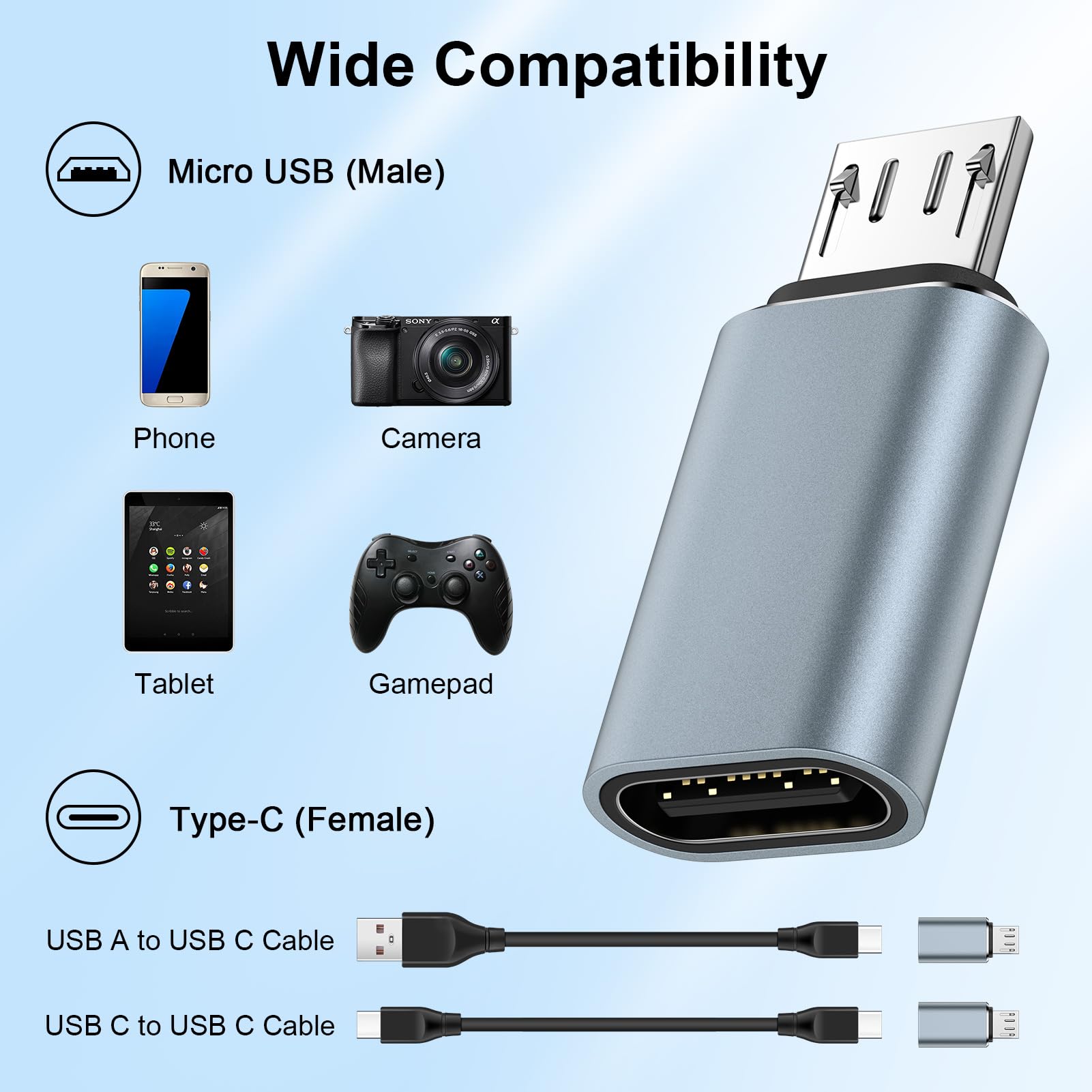 Adattatore da USB C a micro USB, confezione da 5 connettori USB tipo C femmina a micro USB maschio, per ricarica e sincronizzazione dati per Samsung Galaxy S7 Edge, S7, S6, J7, Nexus 5, 6, Note 5