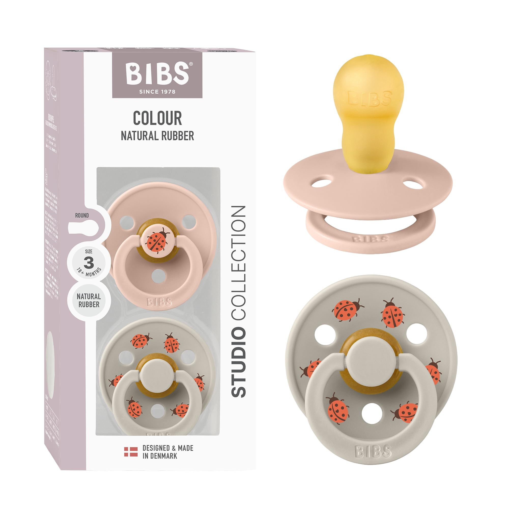 Photo 1 of BIBS Studio Soother 2-Pack, BPA Free Dummy Pacifier, Round Nipple. Natural Rubber Latex, Made in Denmark, Size 3 (18+ Months), Blush/Sand