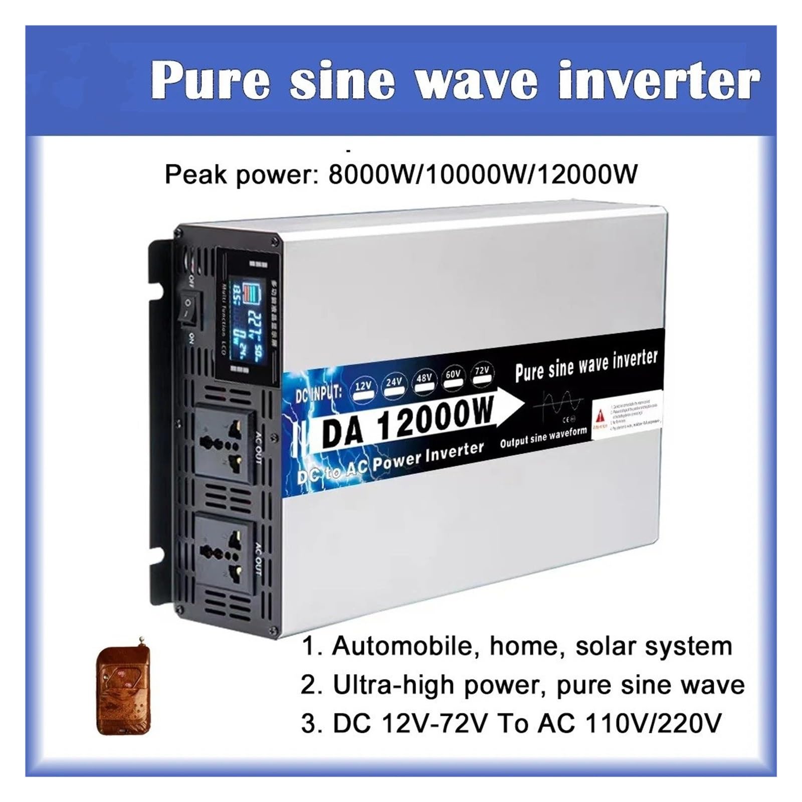 Inversores Solares Coche Fuera Red Onda Sinusoidal Pura con Potencia 220 V 8000 W 10000 W 12000 W 12 V 24 V 48 V 60 V 72 V con Control Remoto Convertidor(60V,220V-230V(50Hz),12000W)