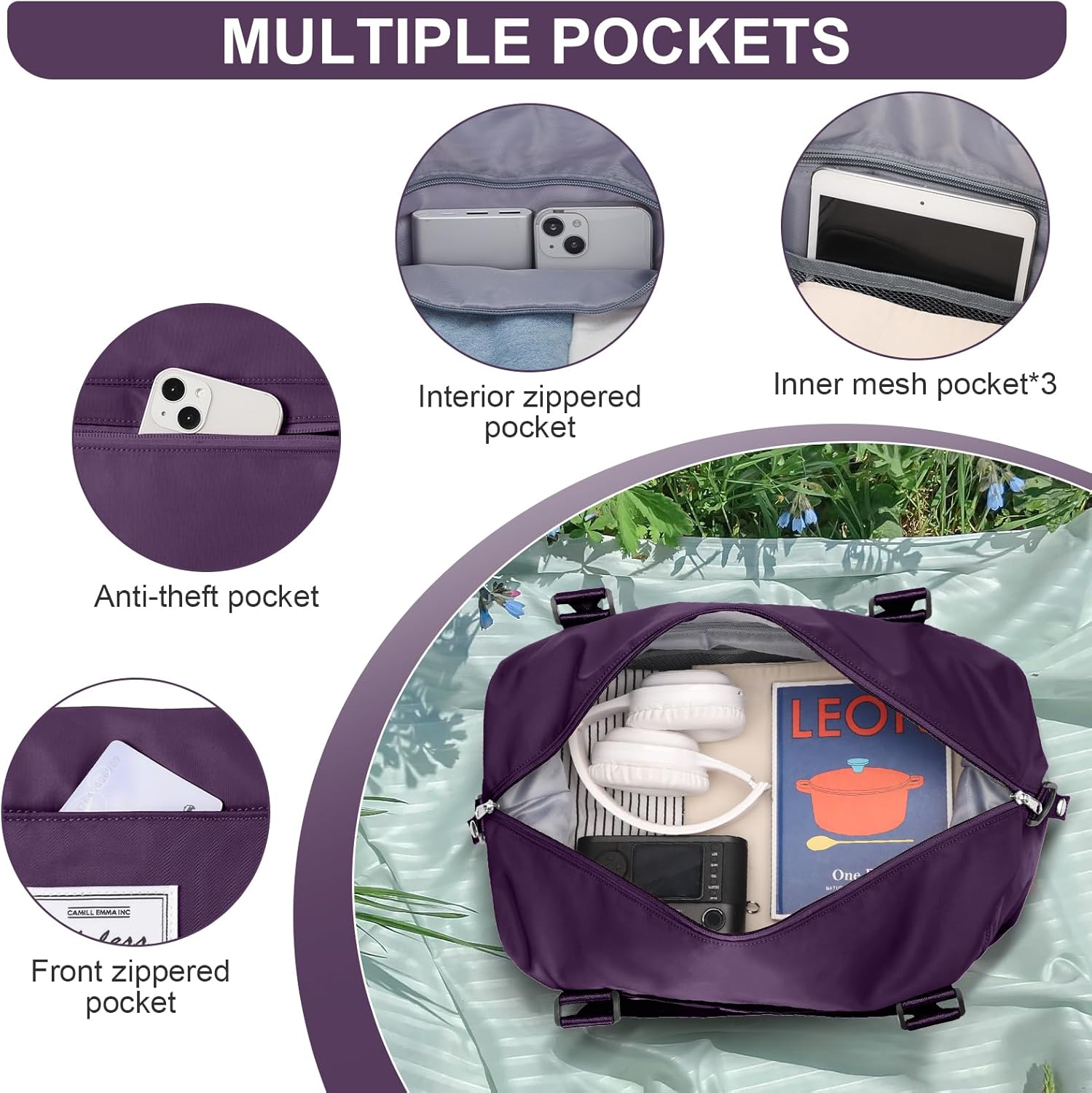 Sports Duffel Bags for Women Dark Purple Weekender Travel Totes Bag for Airplane, Cute Sports Gym Dance Bag Overnight Luggage Bag with Wet Pocket, Carry On Hospital Bag for Labor and Delivery