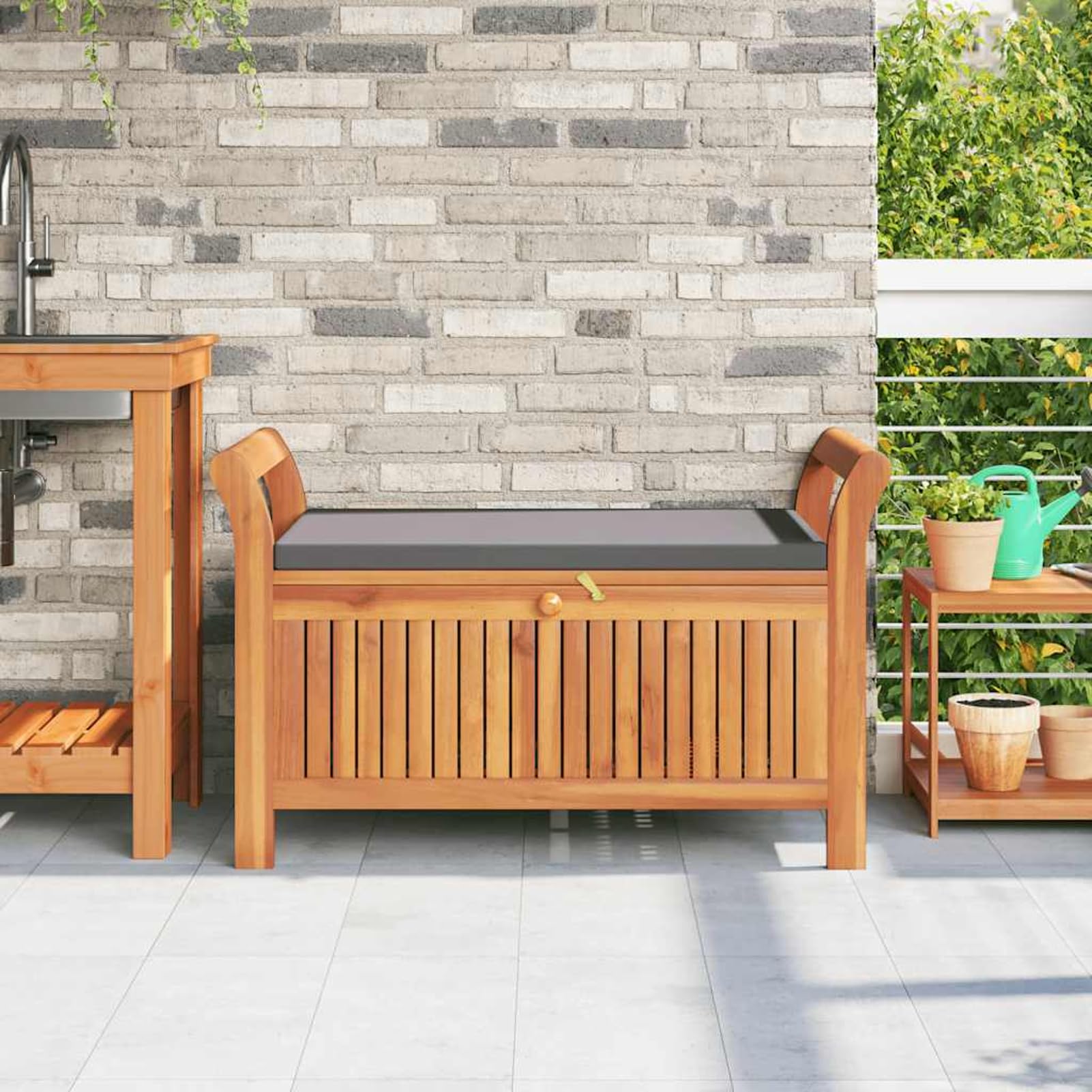 Homgoday Garten-Truhenbank mit Kissen 91 cm Massivholz Akazie, Stauraum, Dunkelgrau, für Outdoor-Benutzung