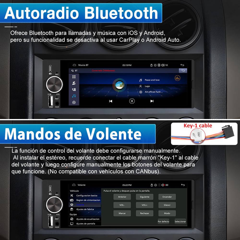 1 DIN Universal Radio Coche con Pantalla Táctil 6.36 Pulgadas, con CarPlay/AndroidAuto, Admite Carga Type-C/USB/Micrófono/FM/EQ/WiFi/GPS/Bluetooth/USB/SWC y Cámara Trasera