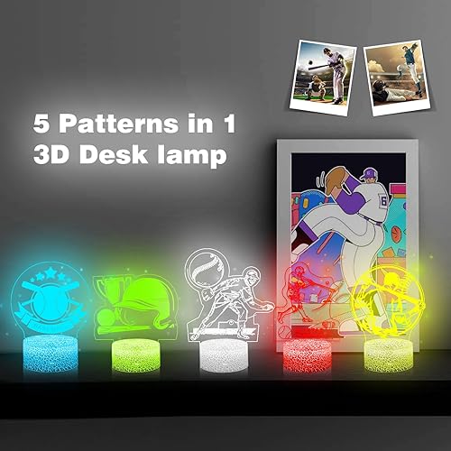 Miniatura 2 de 5 piezas de regalo de béisbol para niños, juego de luz nocturna de béisbol 5 en 1, lámpara de béisbol 3D con control remoto, 16 colores cambiantes,