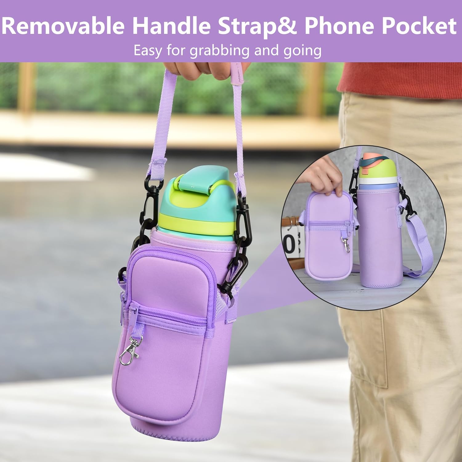Water Bottle Carrier Bag with Strap for Owala FreeSip 24/32oz with Detachable Phone Pocket for Owala Accessories 24/32oz Water Bottle Sleeve for Walking Camping Gym - Image 2