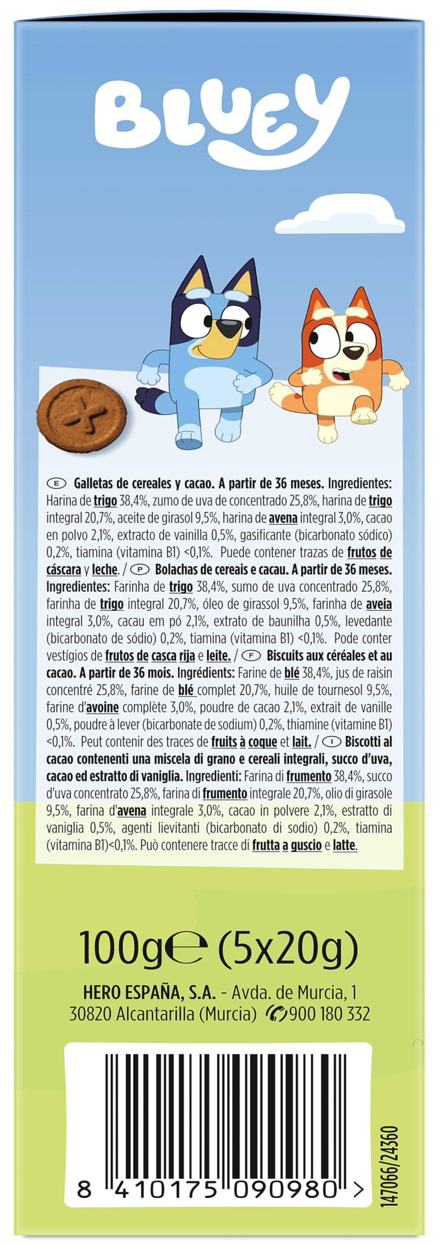 Hero Solo Galletas Infantiles de Cacao Bluey Snack Cereales Integrales Zumo de Uva Fibra 100g x 6uds