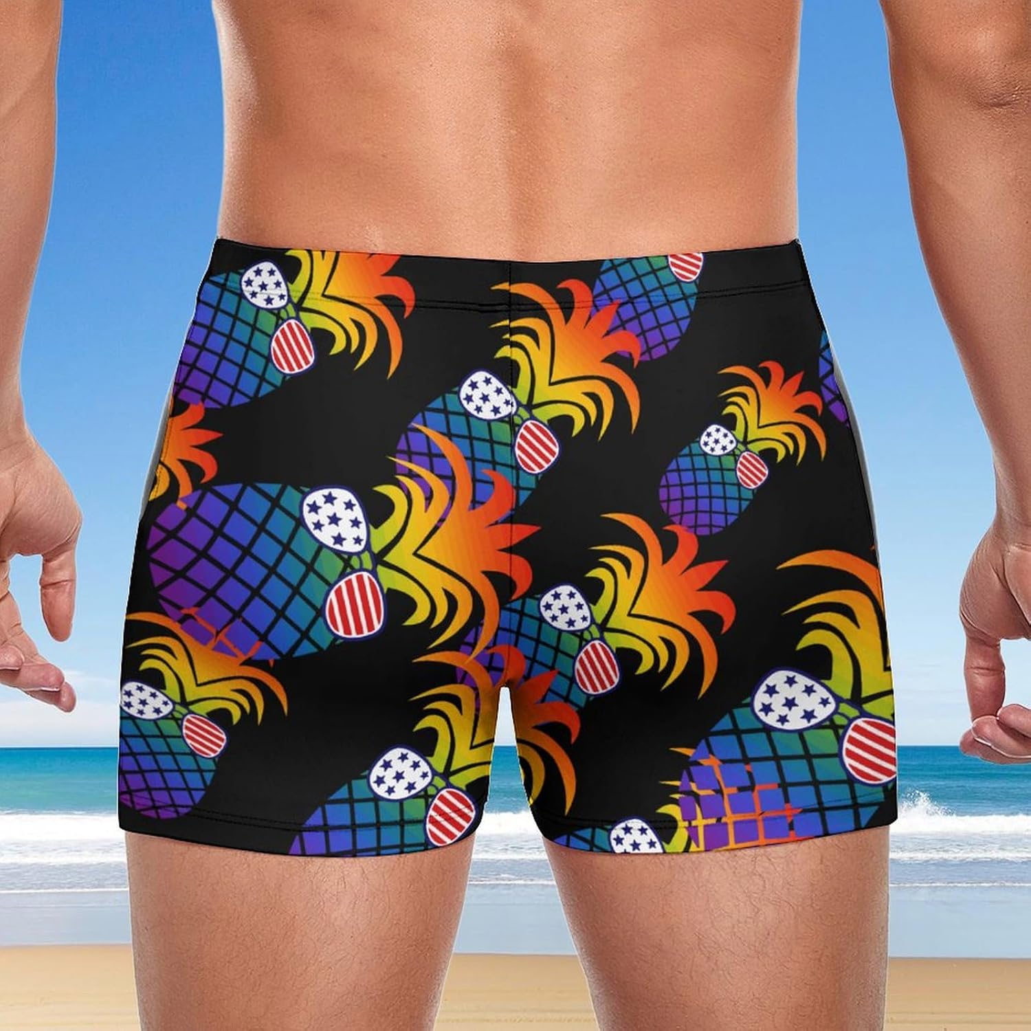 USA Flag Pineapple Men's Square Leg Swim Briefs Athletic Swim Trunk Beach Swimwear Bathing Suit