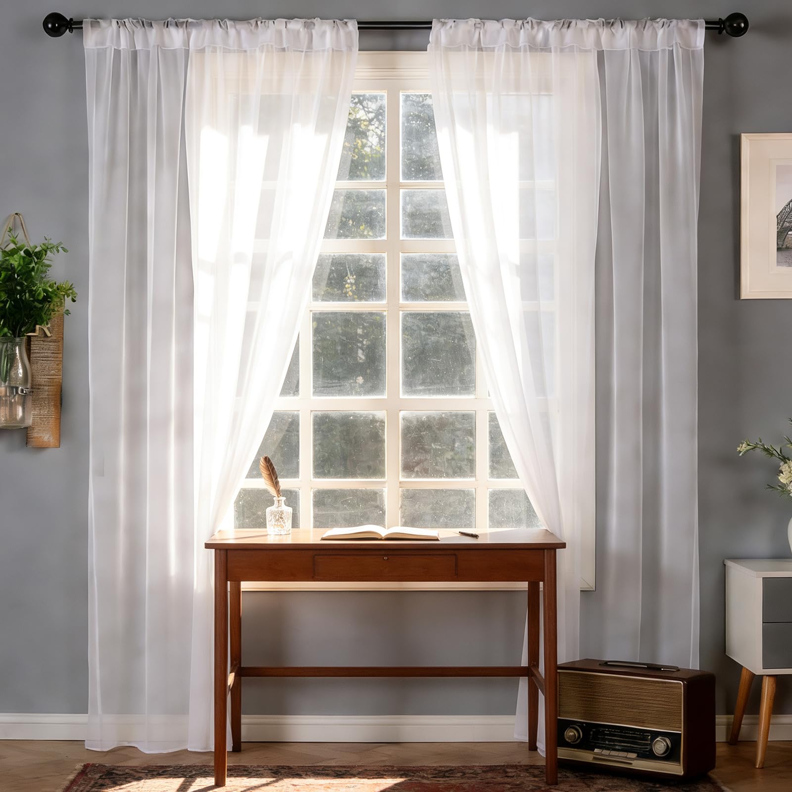 Vorhänge Transparent 160 x 253 cm mit Kräuselband, Halbtransparent, Lichtdurchlässig, mit Ösen in Leinenoptik, Luftig Und Langlebig, Stores Gardine mit Ösen Vorhänge für Jedes Fenster, Weiß