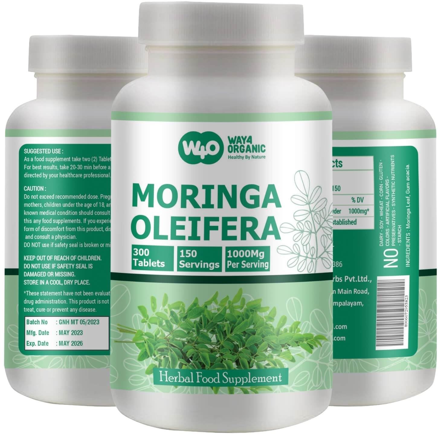WAY 4 ORGANIC W4O Moringa Leaf Powder Capsules (Tablets) - 300 Pills, 150 Servings, 1000 mg (1 Pack)