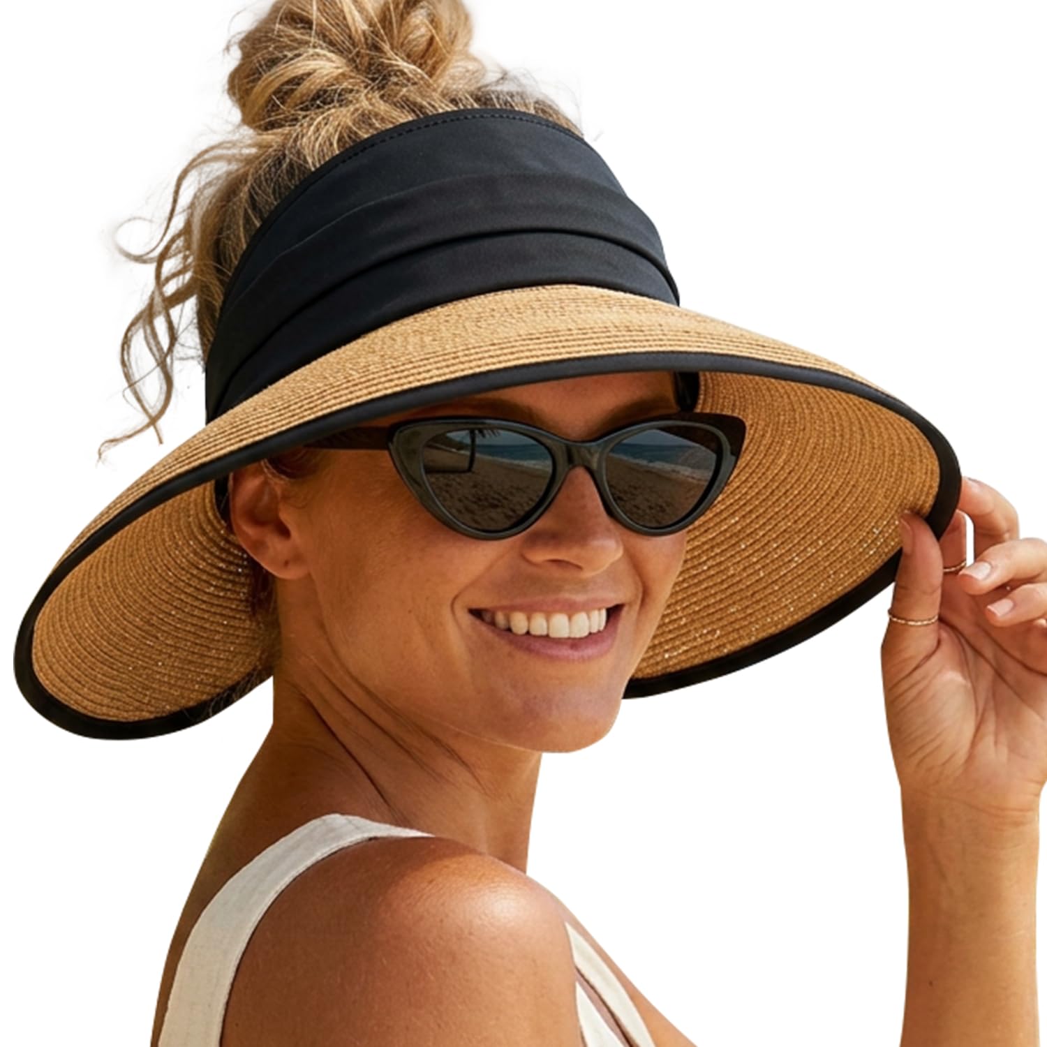 Creekstone Womens Sun Visor Hat, Beach Straw Visor, UPF 50+, Packable, Ponytail Sun Hats for Summer Travel (UK, Alpha, One Size, Khaki with Black Crown)
