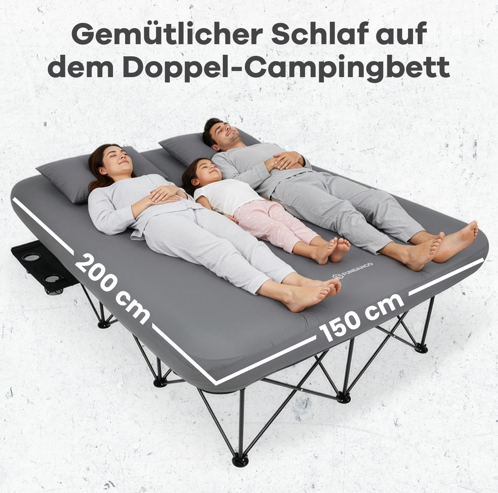 FUNDANGO Campingbett für 2 Personen mit elektrischer Pumpe, Luftmatratze mit klappbarem Gestell, tragbares Bett mit Getränkehalter & abnehmbarem Bezug, inkl. Tragetasche