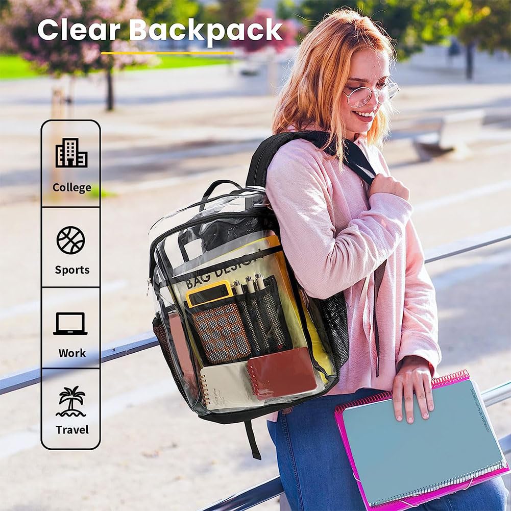 Zaino trasparente per carichi pesanti, zaino trasparente in PVC multitasche, zaino trasparente di grande capacità con finiture in pelle per festival di viaggi sportivi da lavoro universitario G