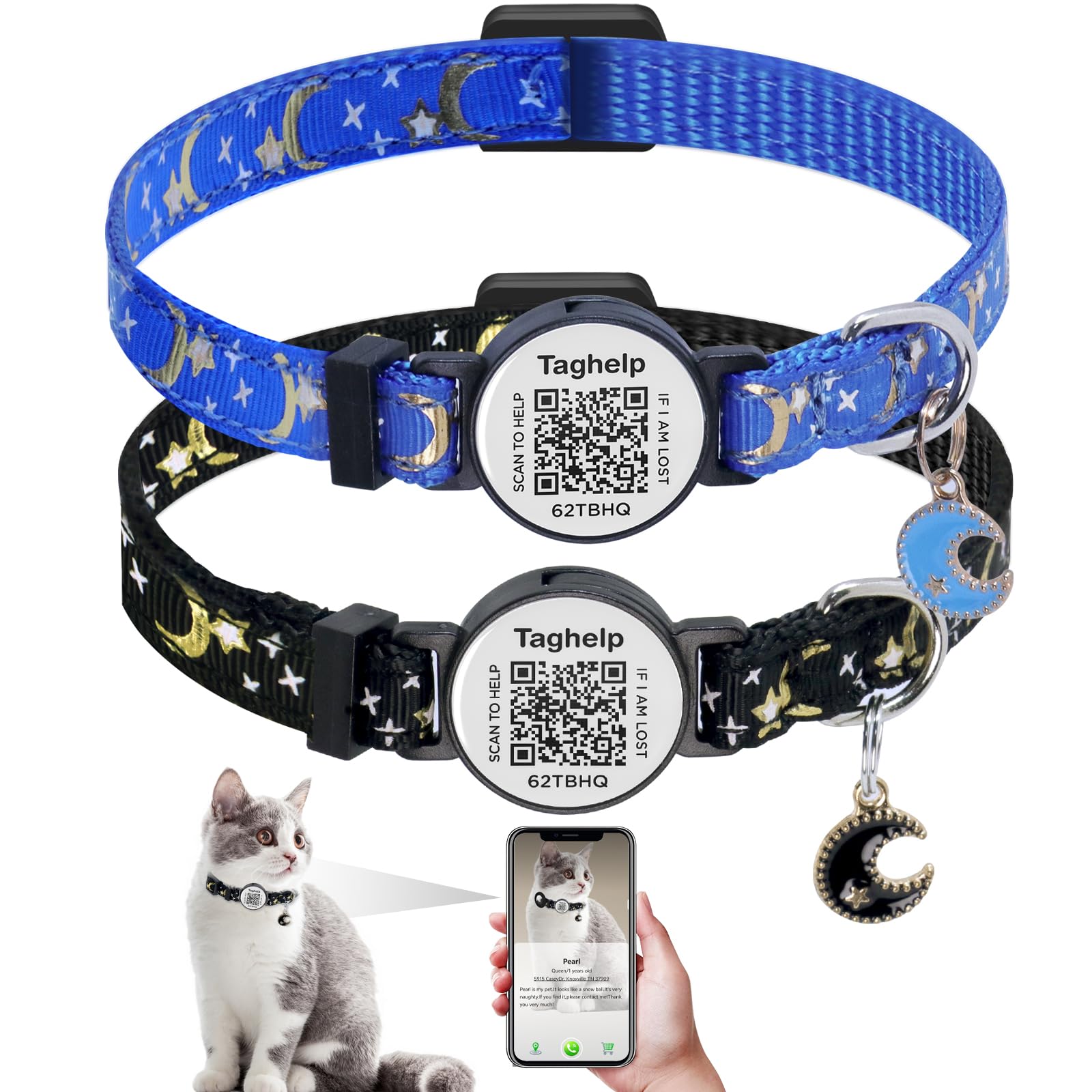 2 Pack Stars and Moon, Solid & Safe Safety Plaid Kitten Collars with QR ID Tag for Girl Boy for Cats, Pet Collar, Breakaway Cat Collar,Silent,