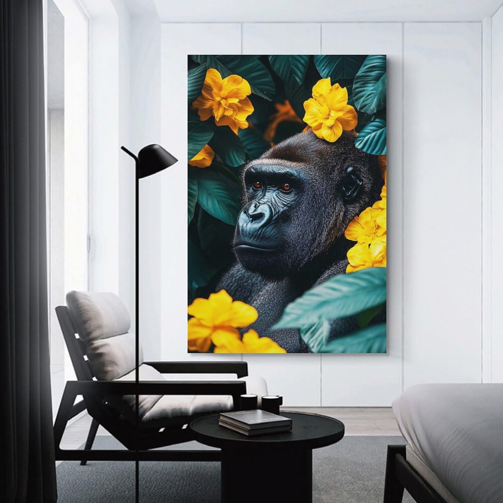 Junmoney Unframe-Style-22 Gorilla With Yellow Flowers Portrait Room Decor Wall Art 24X36inch(60X90cm), For Entrance Walls, Hall Decor Or Foyers, A Neat Decor Update For Hallways