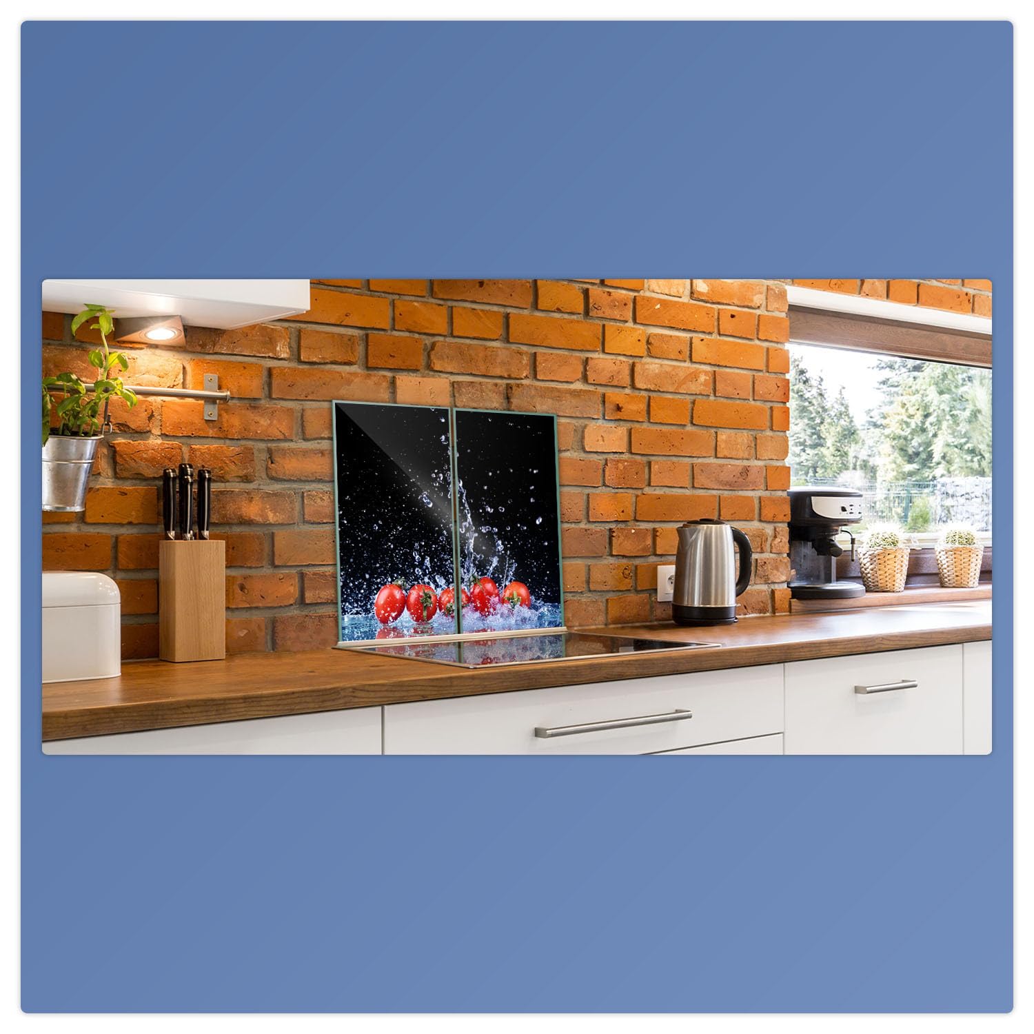 Herdabdeckplatte Abdeckung Ceranfeld Abdeckplatte Schneidebrett 2-Teilig 60x52 Tomaten Schwarz Spritzschutz Glasplatte Ceranfeldabdeckung Schutz Herdschutz Sicherheitsglas Glasschneidebrett 2x30x52