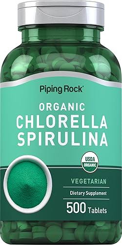 Piping Rock Chlorella Spirulina orgánica 500 tabletas Pastillas vegetarianas Suplemento sin OMG, sin gluten