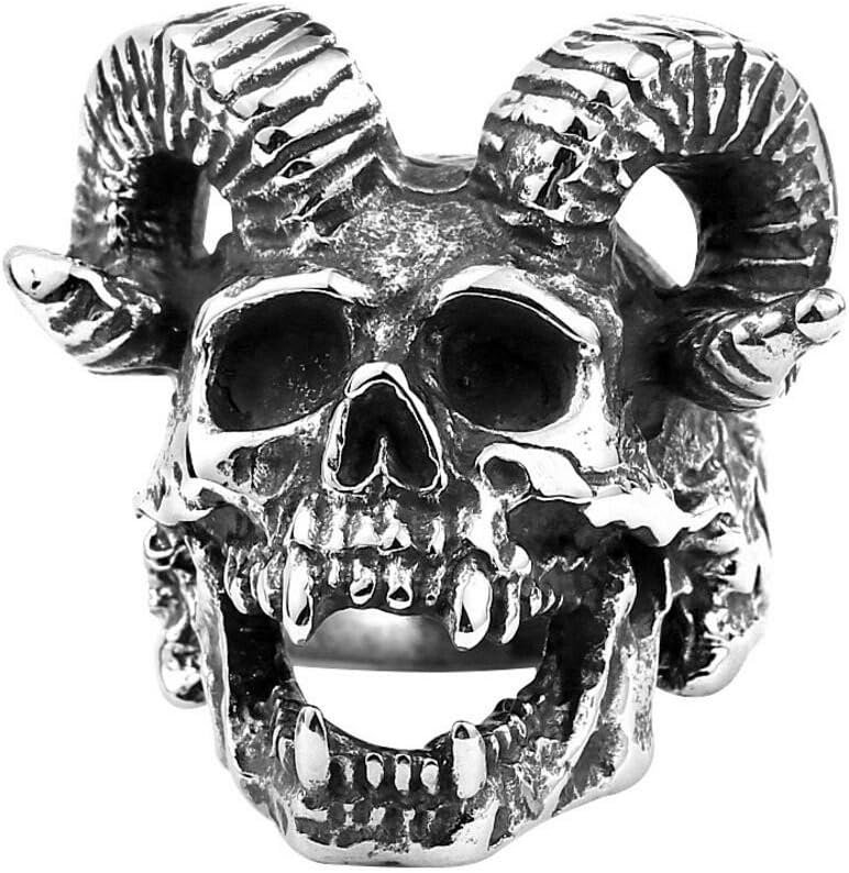 Men's Stainless Steel Biker Ring Vintage Goat Horn Skull Silver Black