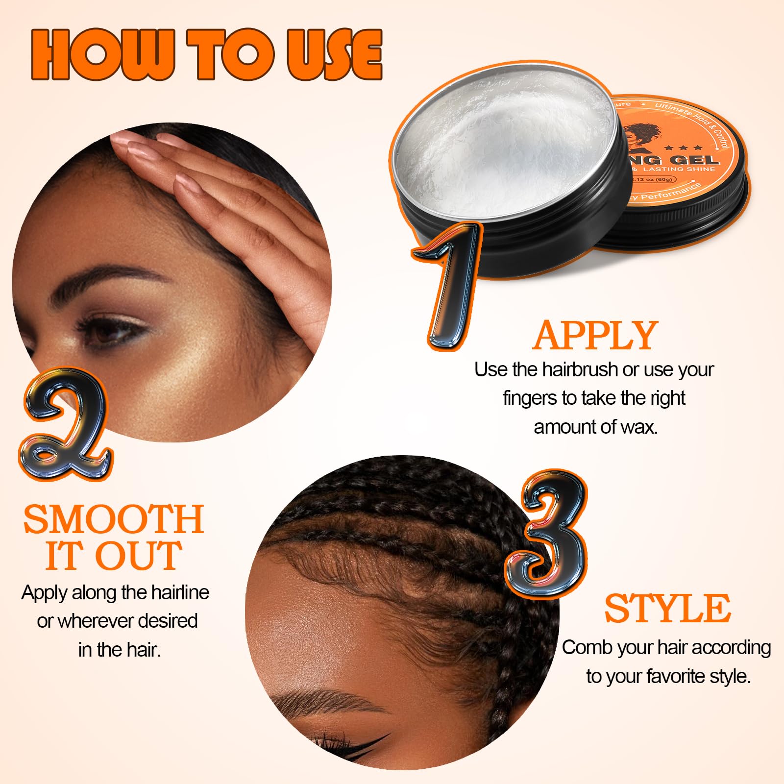 Cire Edge Control,Cire Pour Cheveux à Forte Tenue, Gel Coiffant sSans écaillage Pour Tous Les Types de Cheveux, Non Gras, Gel Pour Tresses Longue Durée, Facile à Utiliser, Plus Lisse