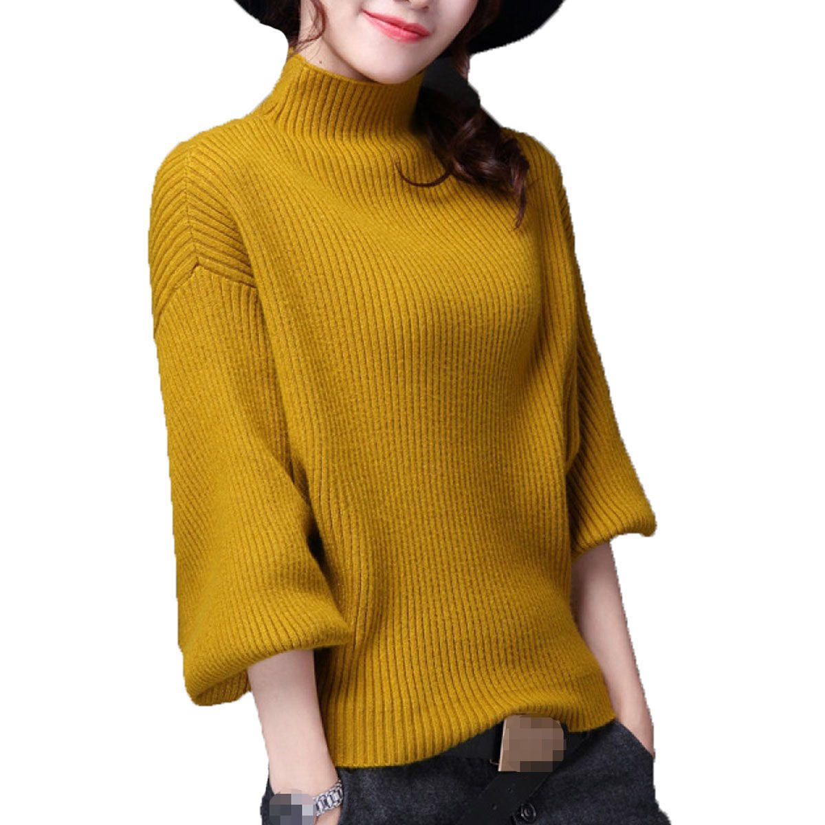 Women Fashion Turtleneck Bishop Sleeve Knit Jumper Pullover Chunky Sweater Tops,Yellow-S