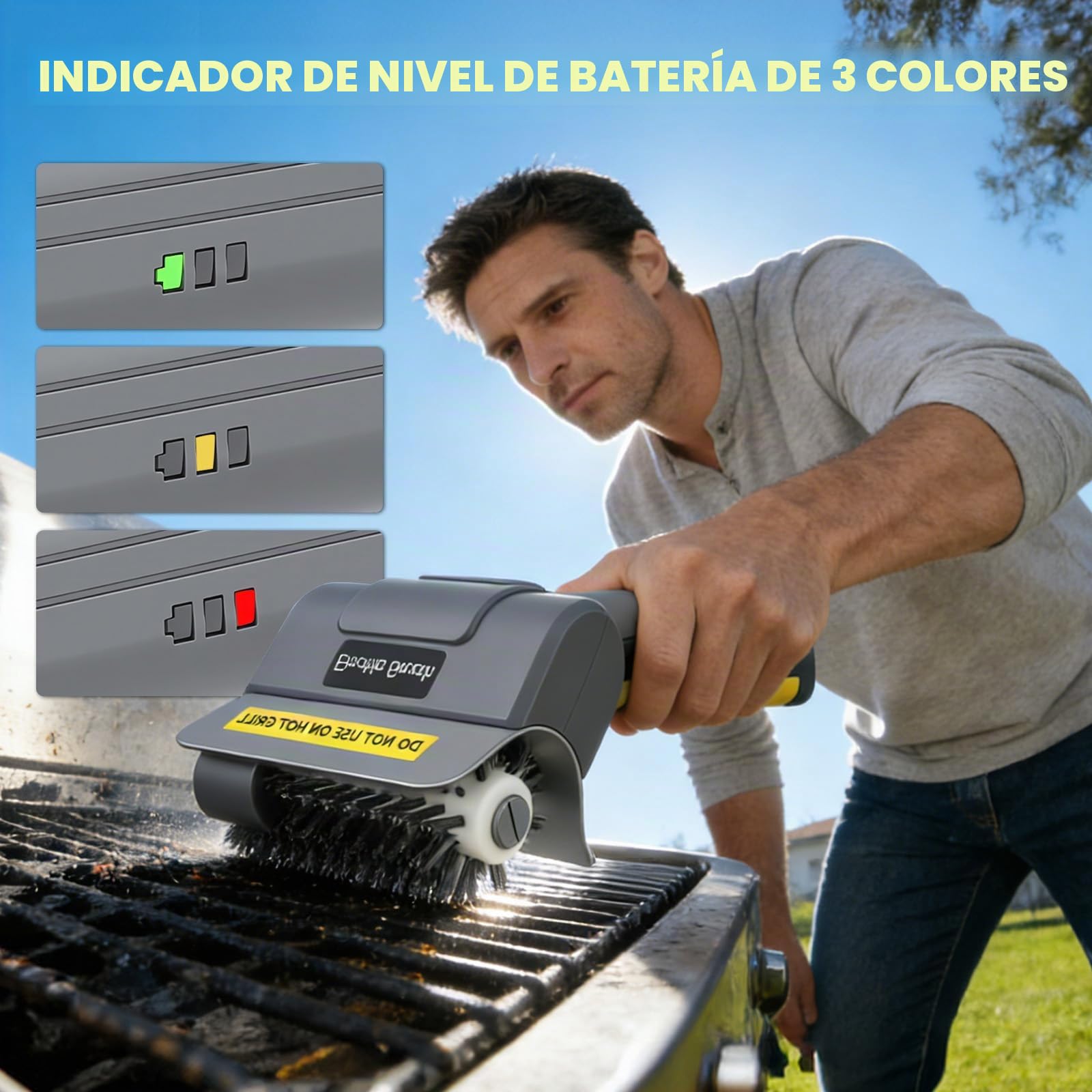 Cepillo Eléctrico para Barbacoa – Inalámbrico y Recargable con Cabezal de Acero Inoxidable Desmontable (Incluye 1 Repuesto) | Limpieza Eficaz para Parrillas de Gas, Carbón, Eléctricas y Rejillas