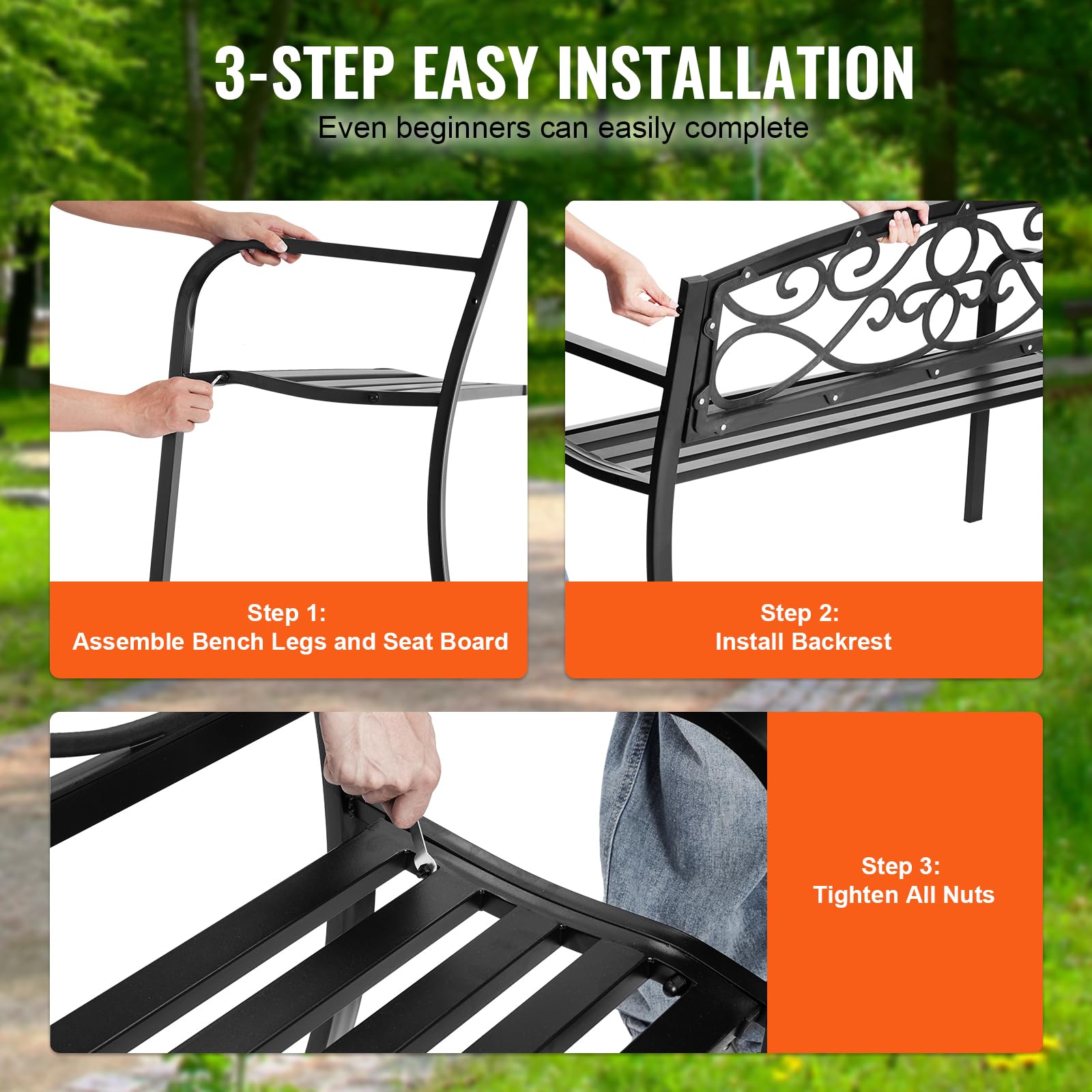 VEVOR Banc d'extérieur, 52,7 x 127 x 81,8 cm, Banquette de Jardin en métal pour l'extérieur, jusqu'à 250 kg de Charge, Banc de Jardin avec Dossier et accoudoirs, mobilier de terrasse, pour Parc, Cour