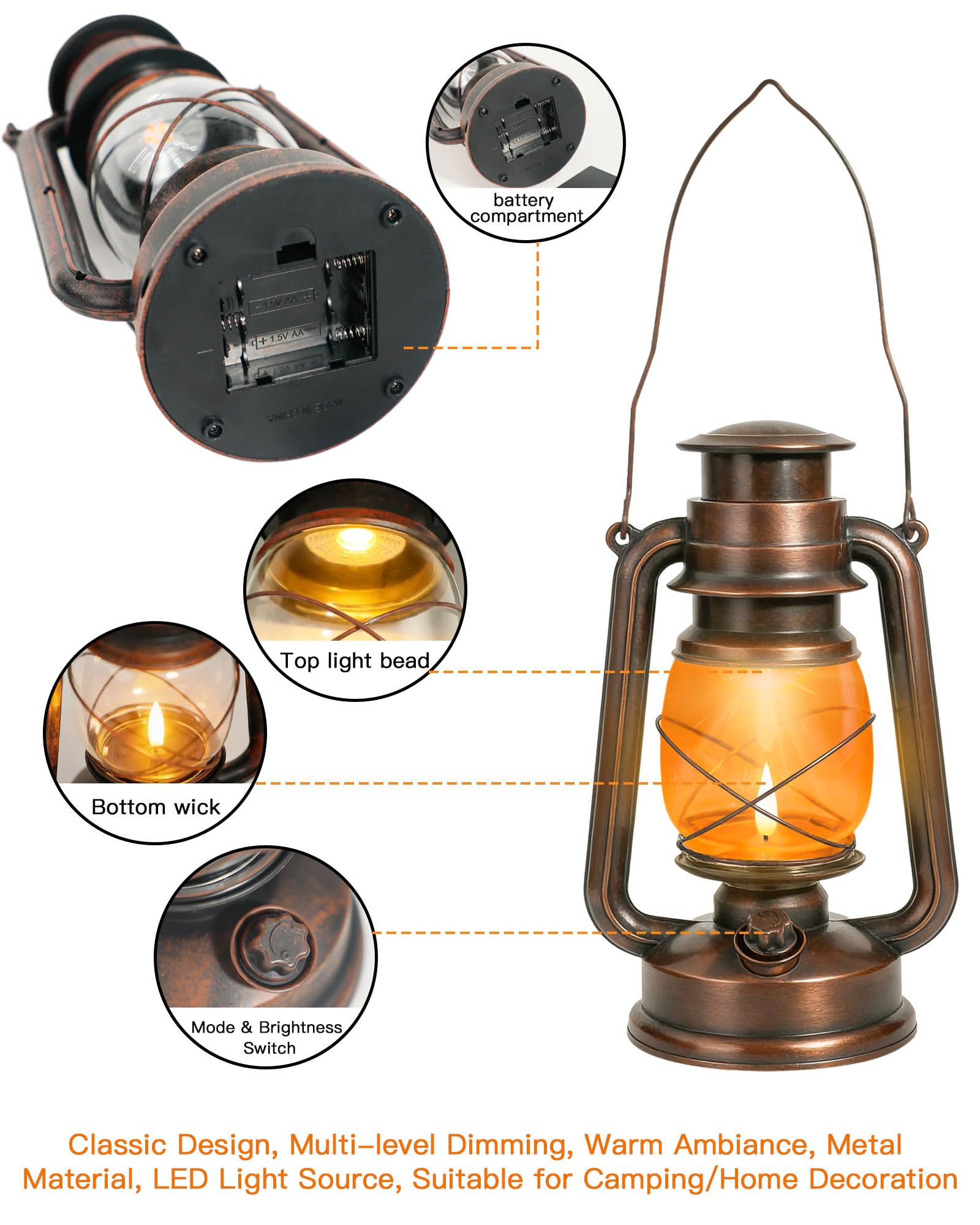 Flame Light Vintage Lantern, Flickering Camping Lantern Tent Light