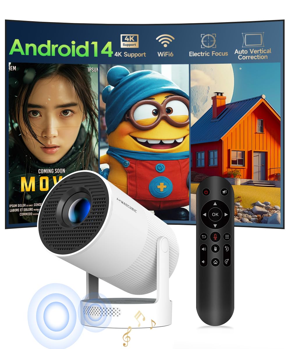 Mini Proiettore 4K Supporta Android 14, Smart Projector Messa a Fuoco Elettrica 5G WiFi 6 BT 5.0, Mini Portatile Proiettore Full HD 1080P Supporta 260ANSI Auto Orizzontale Trapezoid Correction