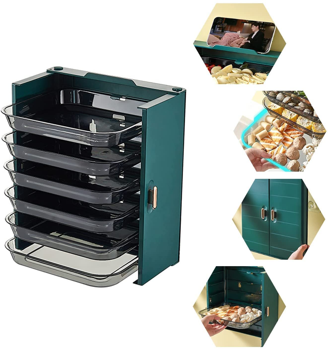 Acebwhtoy Wall Mounted Food Storage Rack Folding, Kitchen Side Dish Organization Rack with Smartphone Holder, Kitchen Storage Rack Seasoning Rack Holds Up to 6 Ingredients (6-Layers,Green)