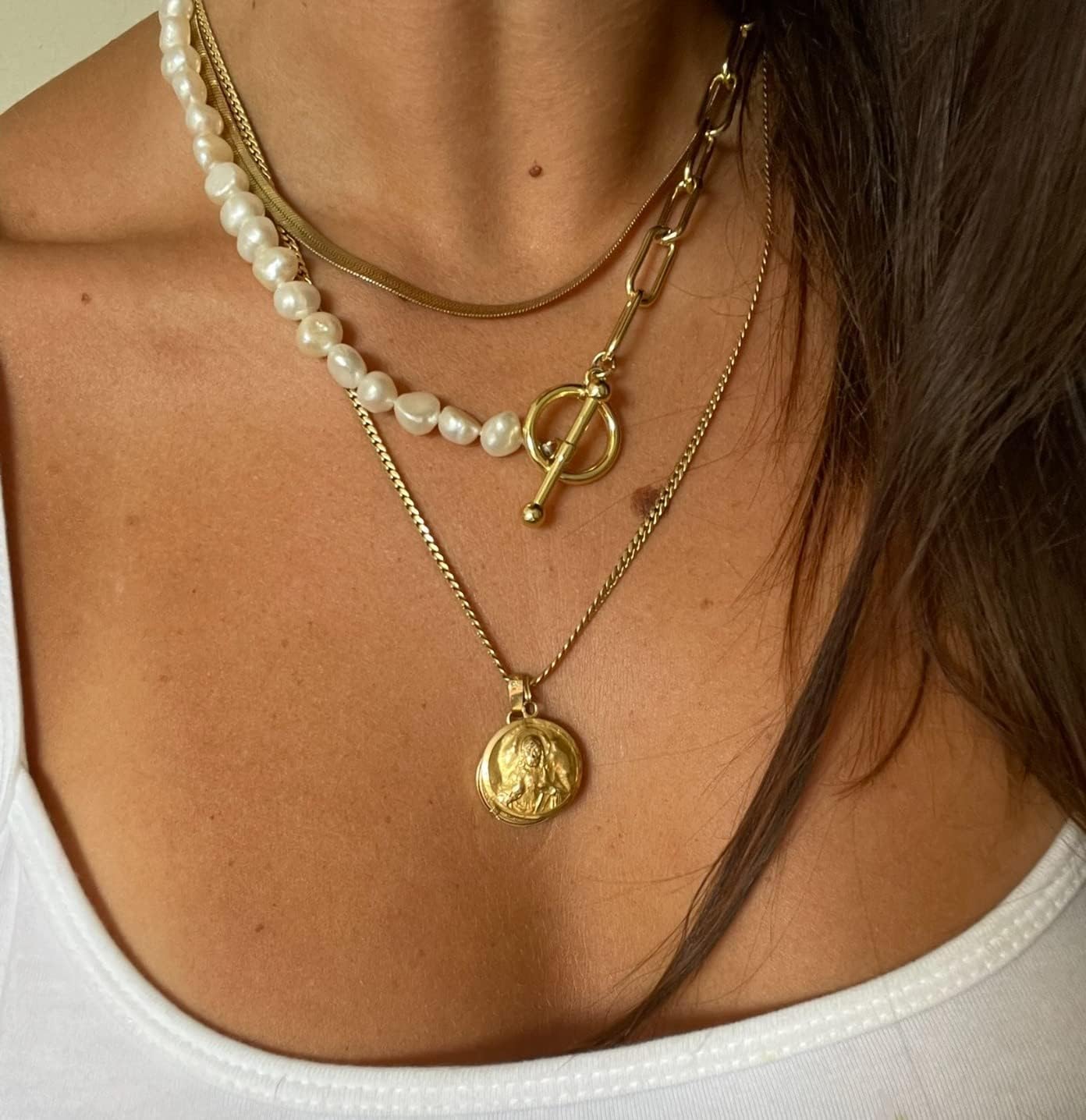 Cowlyn Pearl Necklace for Women Paperclip Chain Chunky Gold Necklace, Freshwater Cultured Pearls Trendy Link Chain 18K Gold Plated Dainty Pearl Choker - Image 2