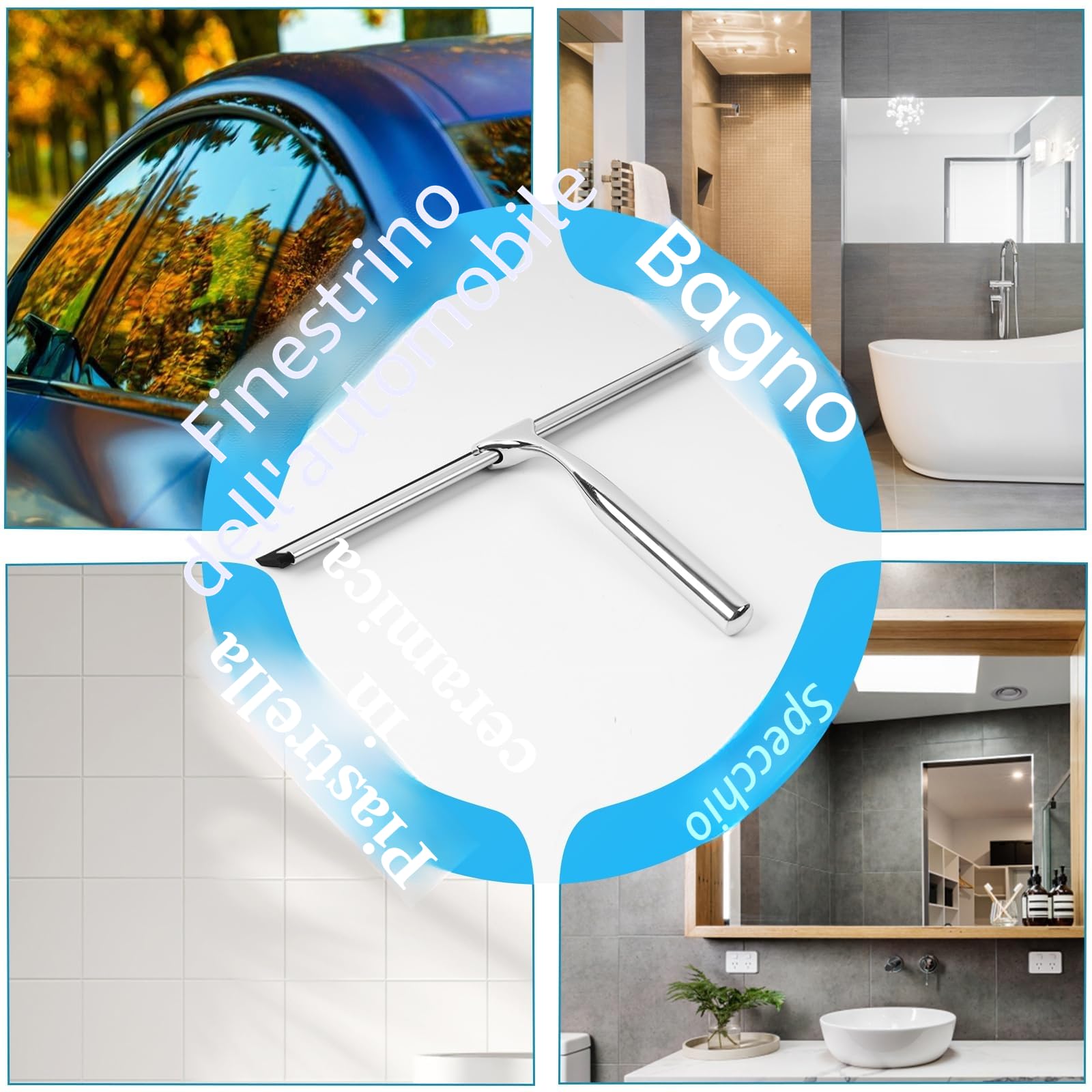 25CM Tergivetro Per Doccia, Tira Acqua Da Doccia In Acciaio Inox, Tiraacqua Vetri Doccia Con 1 Gancio E 2 Lama In Silicone, Senza Bisogno Di Forare, Può Pulire Bagno, Finestre E Specchi