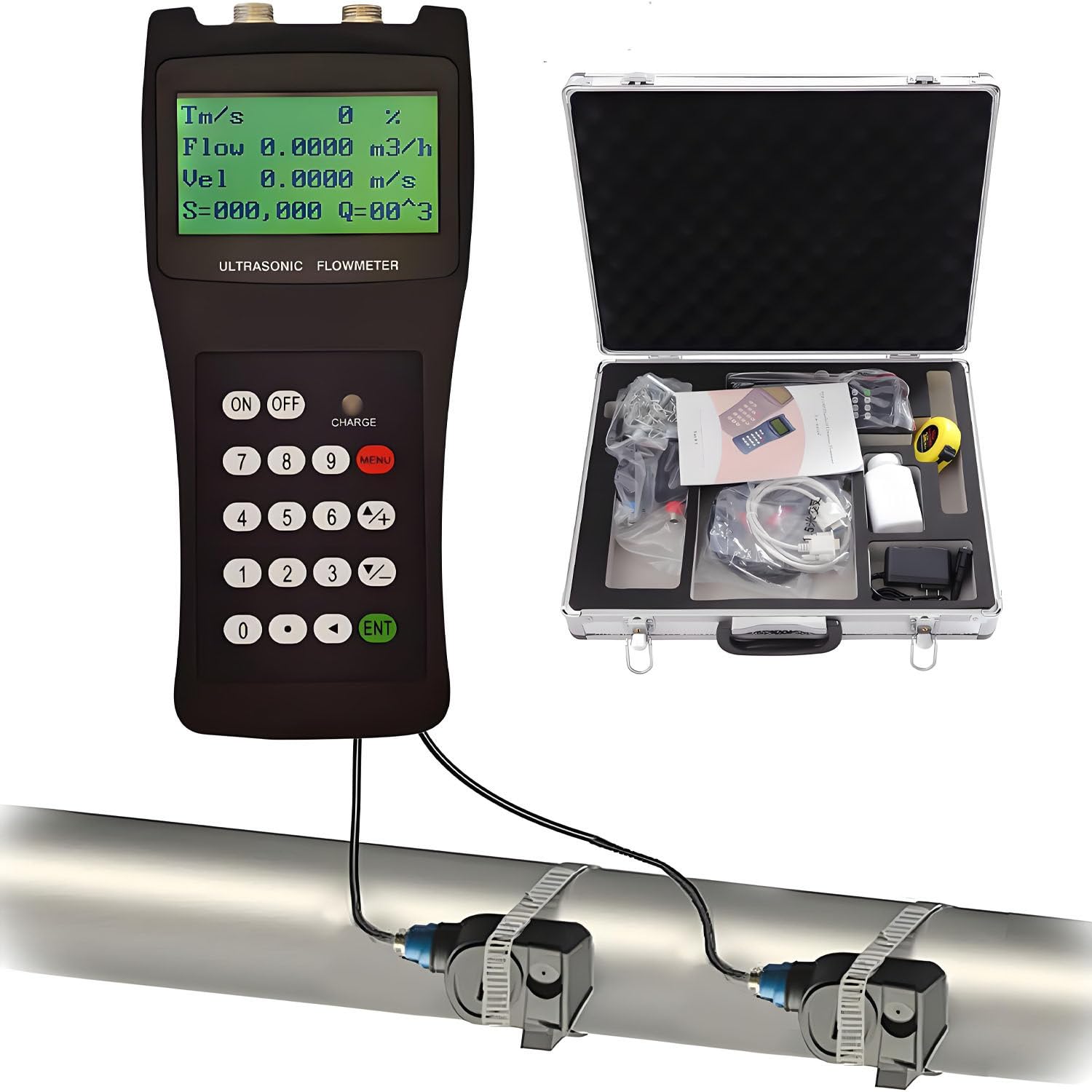 GLBMXDD Handheld ultrasonic Flow Meter Portable Flow Meter Water Flow Rate Detection with S1/M2/L1 Clamp-on Transducers 100-240V for Seawater Alcohol Industrial S1(DN15-100)
