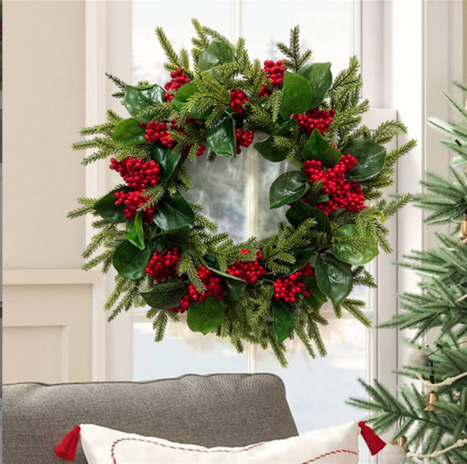Corona Navidad Guirnalda Navideña Artificial De Invierno Decoración con Frutos Rojos Artificial Decoración