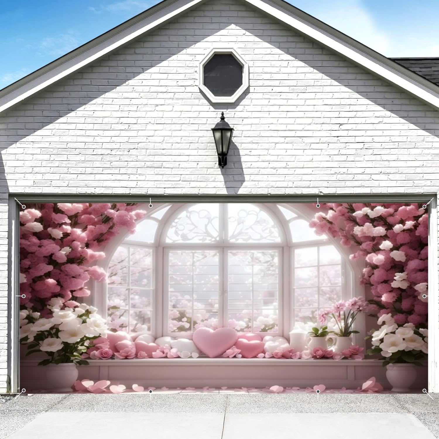 Large Valentine's Day Garage Door Banner Decorations Backdrop 7 x 16 ft Valentine Pink Rose Wall Garage Door Cover White Window Pink Love Heart