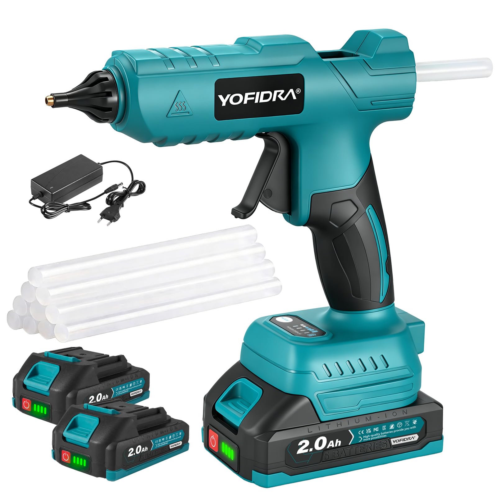 Yofidra Pistola de Pegamento Caliente Inalámbrica 100W - Pistola de Pegamento Caliente con 10 Barras de Pegamento (11mm), 2 Baterías de 2.0Ah y Cargador, para DIY, Reparaciones y Manualidades