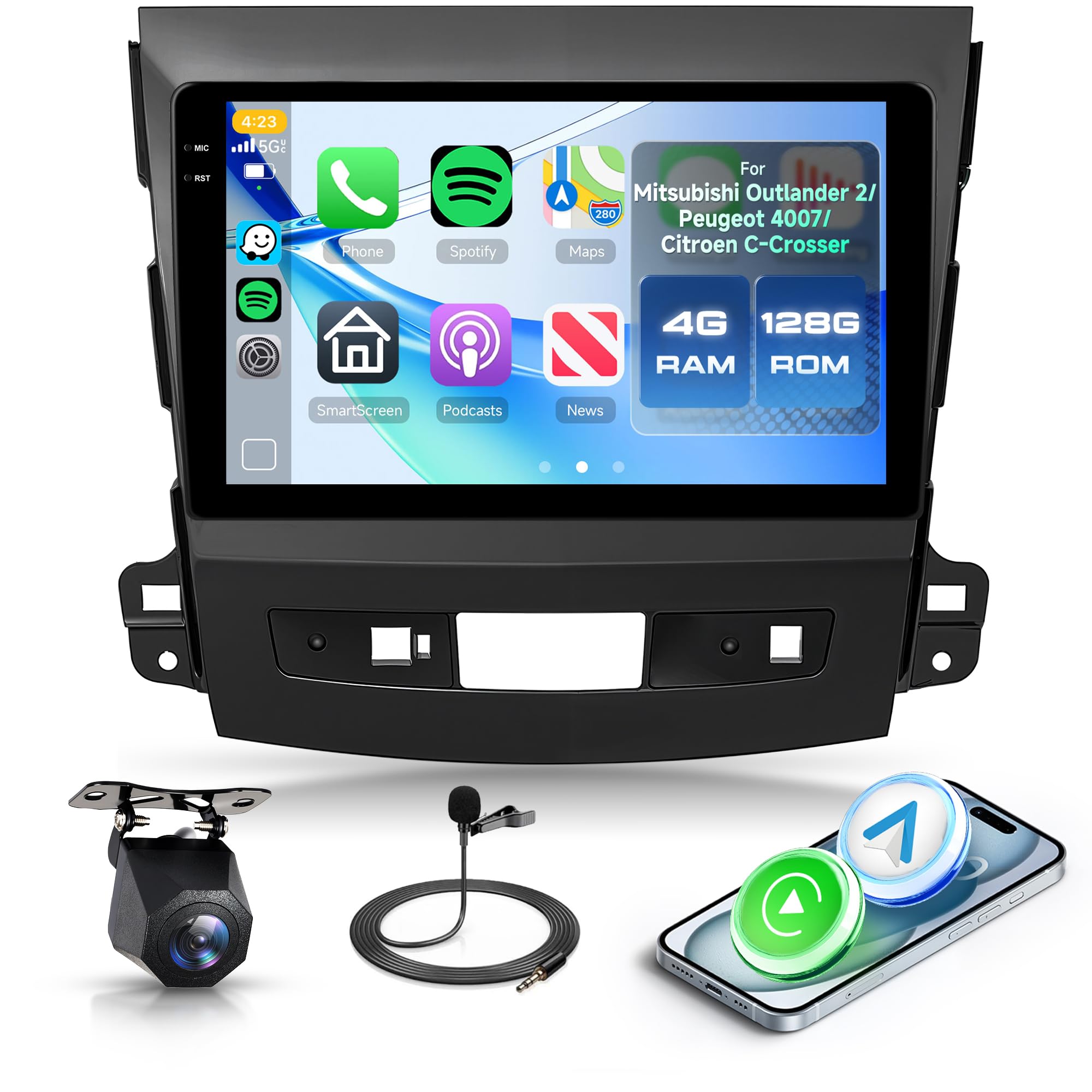 4+128G Android Radio Coche para Mitsubishi Outlander 2/Peugeot 4007/Citroen C-Crosser 9 Pulgadas IN-Cell Radio con Wireless Carplay Android Auto GPS Mirror Link Bluetooth WiFi/FM/RDS/EQ Cámara Trasera