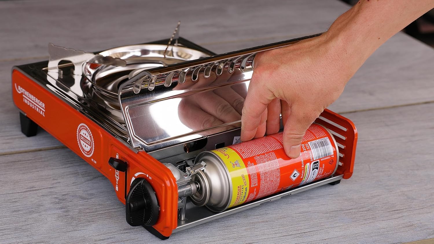 ROTHENBERGER Industrial Campingkocher Deluxe inkl. 4 Gaskartuschen | inkl. Tragekoffer | 1-flammig Gaskocher Camping Gas Kocher Kartusche | für Töpfe 12-34 cm