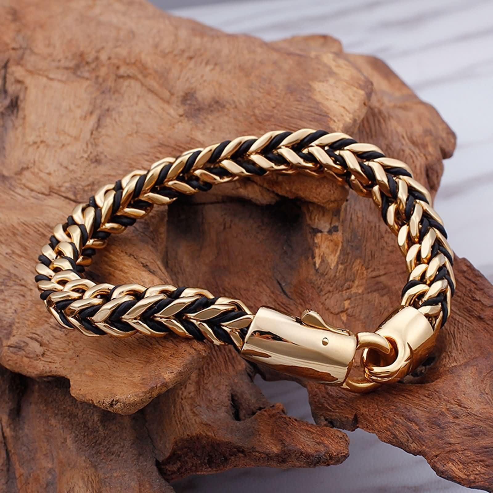 Brazalete de Hombre Negro Oro,Brazaletes de Mujer Acero Inoxidable Cadena 8MM Brazalete Hombre 22 CM