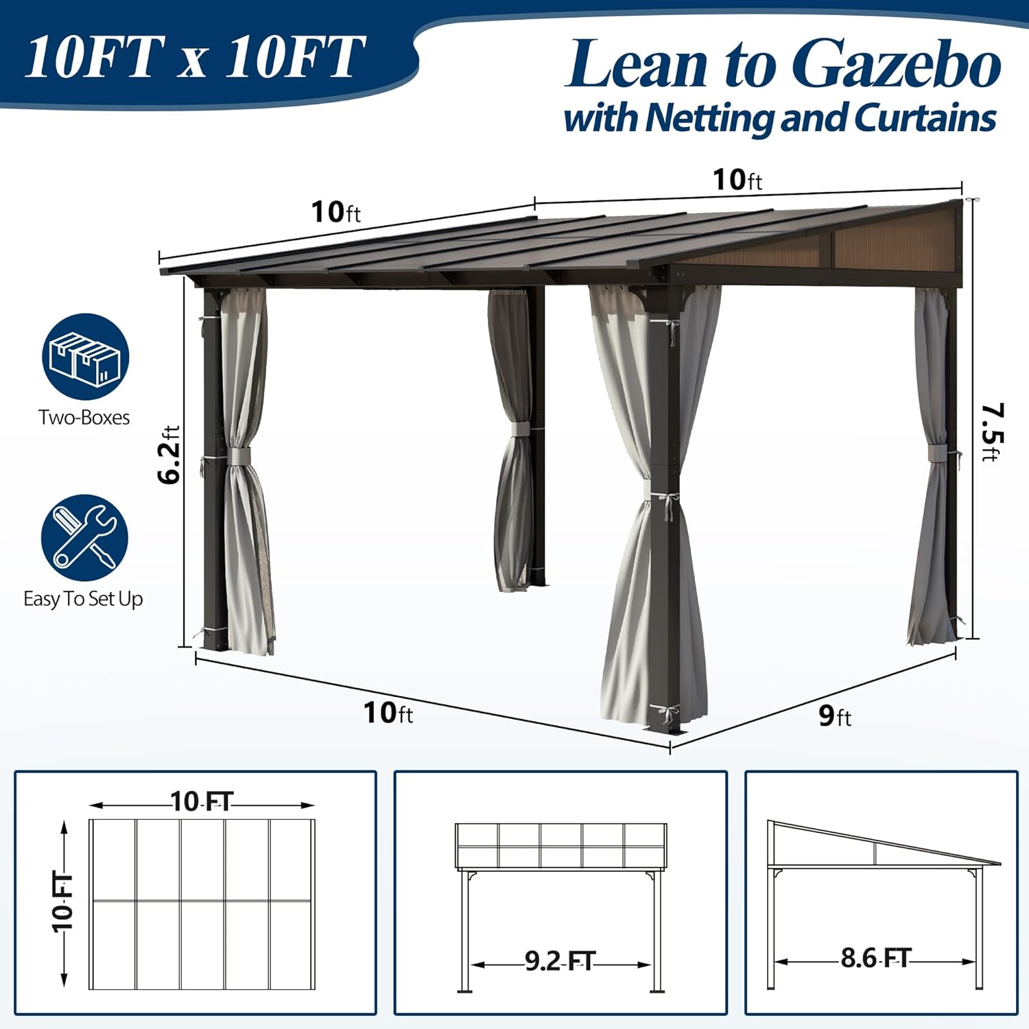 COVERONICS 10' X 10' Outdoor Polycarbonate Lean to Gazebo - Wall-Mounted Aluminum Frame Gazebo with Slope Hardtop, Patio Heavy-Duty Lean to Pergola with Netting & Curtains for Garden, Backyard, Deck