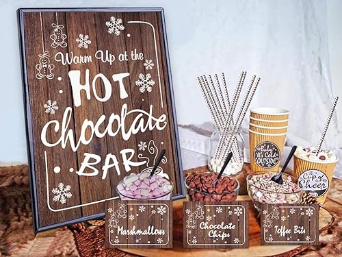 FaCraft Kit de barra de chocolate caliente, suministros de lujo, etiquetas de letrero, tarjetas de mesa, cucharas y pajitas para vacaciones,